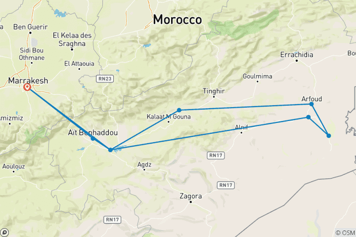 Map of 3-Day Private Luxury Sahara Tour: Marrakech to Merzouga Desert via Dades Valley