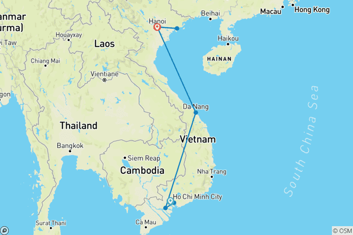 Carte du circuit Circuit découverte du Vietnam à travers trois régions - Ho Chi Minh Ville, Da Nang & Hanoi - 7 jours | Up Travel Vietnam