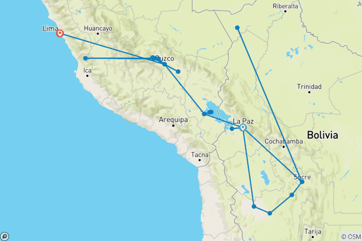 Map of Bolivia to Peru: Lakes, Salt Flats & Machu Picchu
