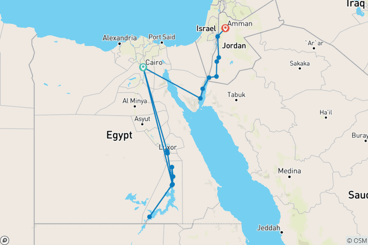 Carte du circuit Découverte de l'Égypte et de la Jordanie à bord d'une felouque