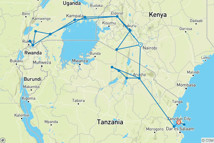 Mapa de África Oriental y Zanzíbar Safari por Tierra y acampada participativa