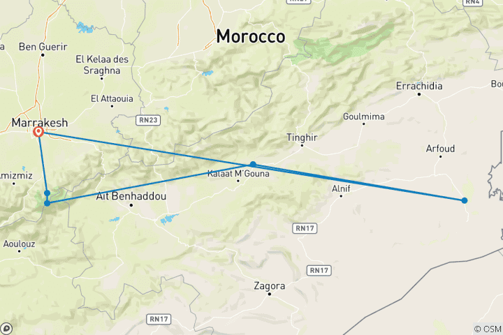 Map of 5 Days Mount Toubkal & Sahara Tour