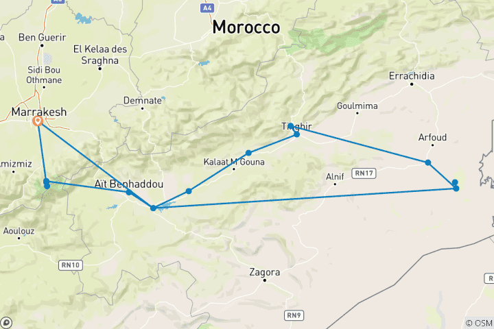 Carte du circuit Le Sommet/Les Sables : 5 jours d'aventure VIP sur mesure au départ de Marrakech