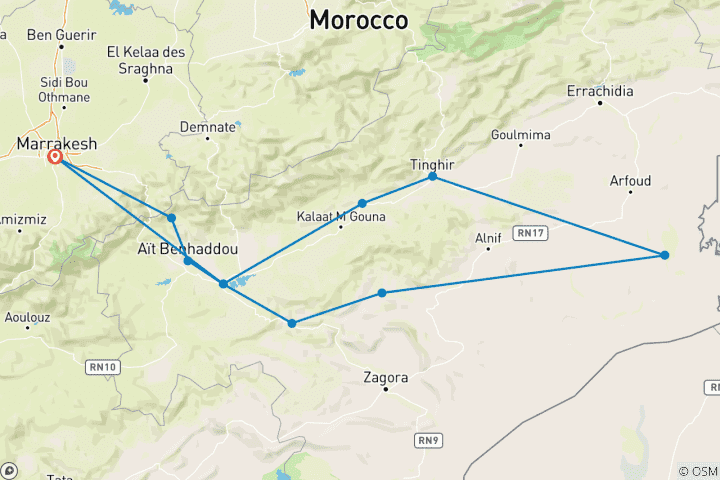 Kaart van Luxe privéreis 4-daags woestijnavontuur van Marrakech naar Merzouga