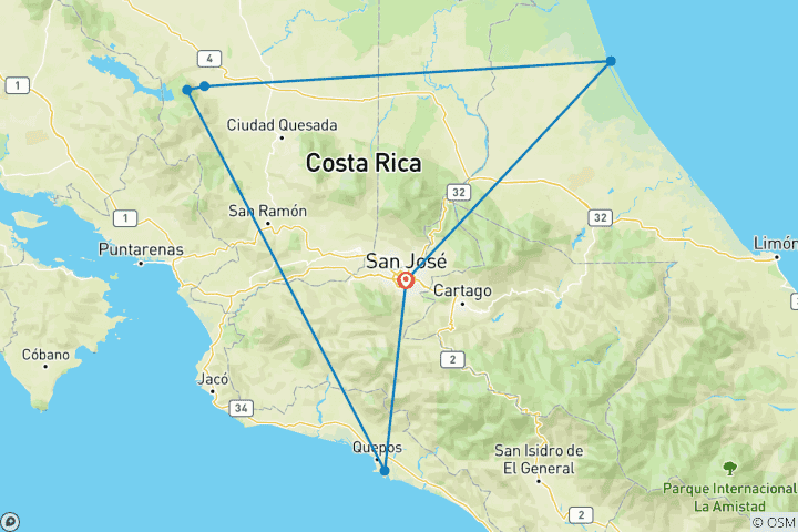 Map of Customized 9 Days Costa Rica Honeymoon Package, Daily Start and Private Guide