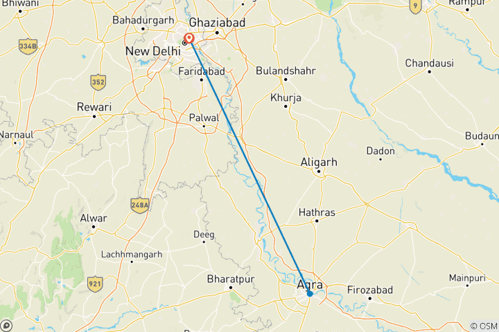 Carte du circuit Depuis Delhi : visite en voiture du Taj Mahal, du fort d'Agra et de Baby Taj