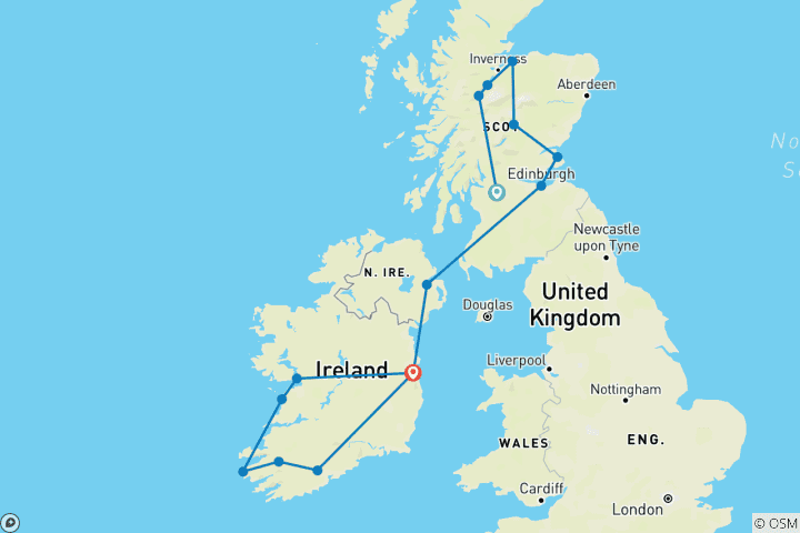 Mapa de Prueba a Escocia e Irlanda - 11 días y 10 noches