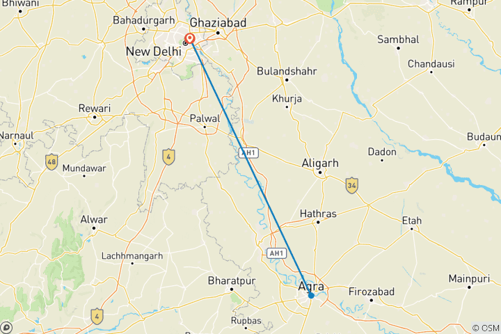 Karte von Agra Übernachtungs : Von Delhi aus