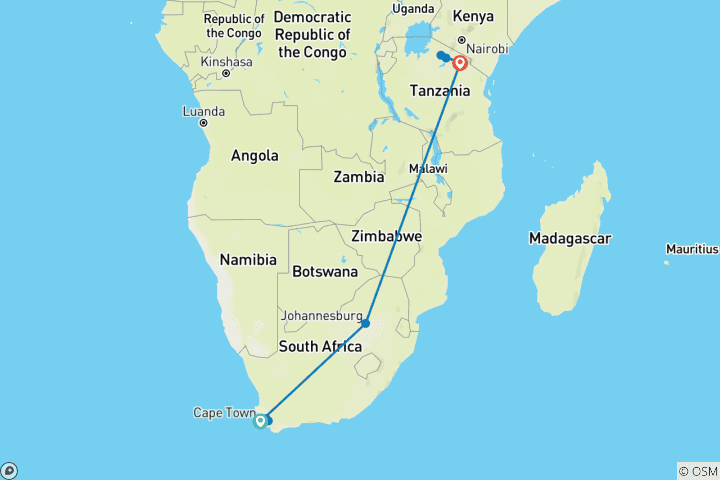 Map of Wings Over Africa: Luxury Cape Town, Serengeti & Ngorongoro Fly-In Adventure – 10 Days
