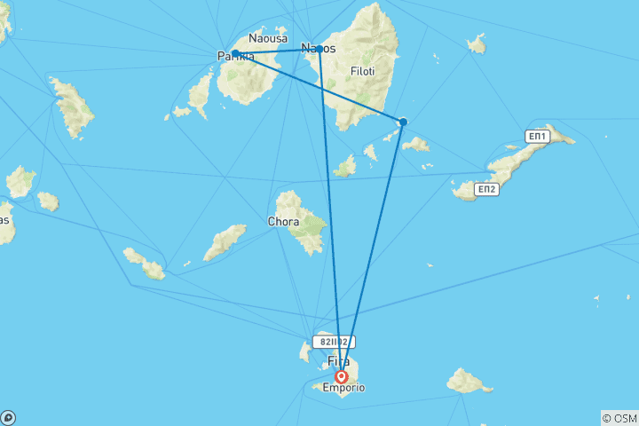 Carte du circuit Grèce : circuit de 9 jours d'île en île dans les Cyclades – Santorin, Naxos, Paros et Koufonisia