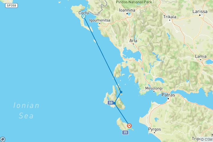 Carte du circuit Grèce : circuit de 9 jours d'île en île dans les îles Ioniennes – Corfou, Ithaque, Céphalonie et Zante