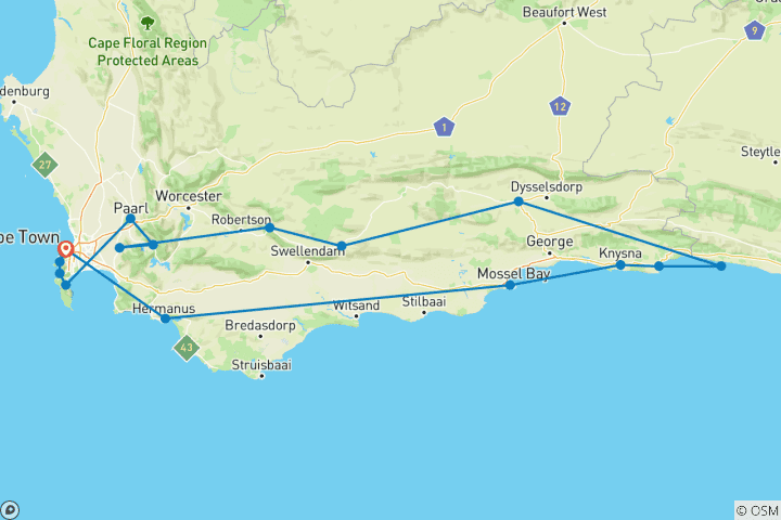 Karte von Ultimative Garden Route & Cape Explorer: 11 Tage voller Schönheit und