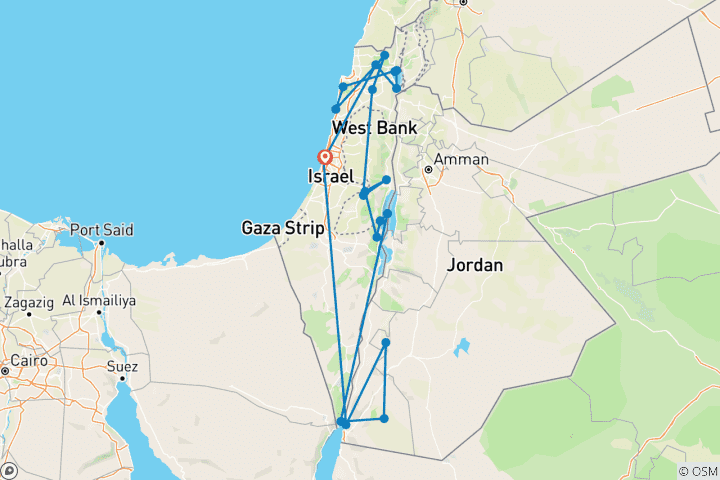 Map of 10 Day Highlights of Israel & Jordan Tour Package