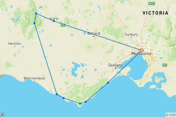 Kaart van 2 Daagse Tocht over de Great Ocean Road & Grampians - Melbourne naar Melbourne