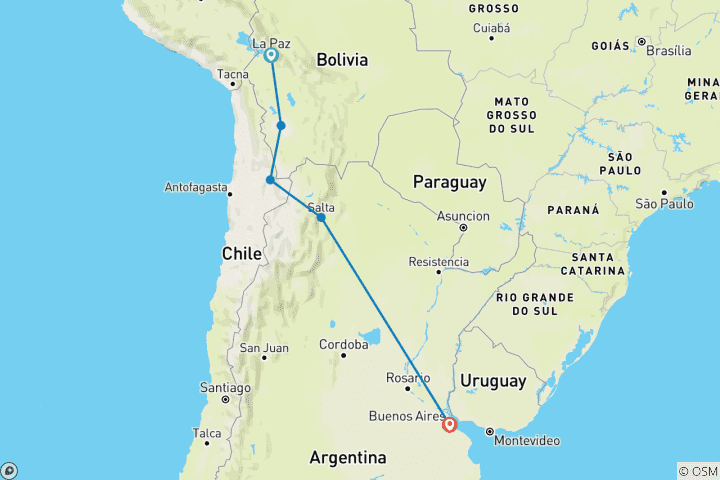 Carte du circuit La Bolivie et l'Argentine réelles