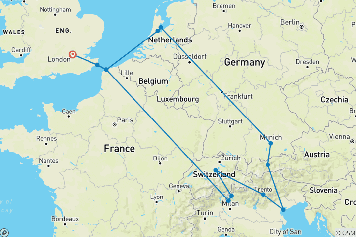 Carte du circuit Horizon européen (Plus, Hiver (jusqu'en mars 26), Départ Londres, Classique)