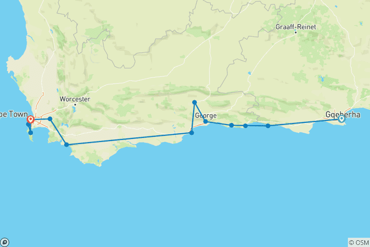 Carte du circuit De la Route des Jardins au Cap : Côte, faune sauvage et vins en 10 jours
