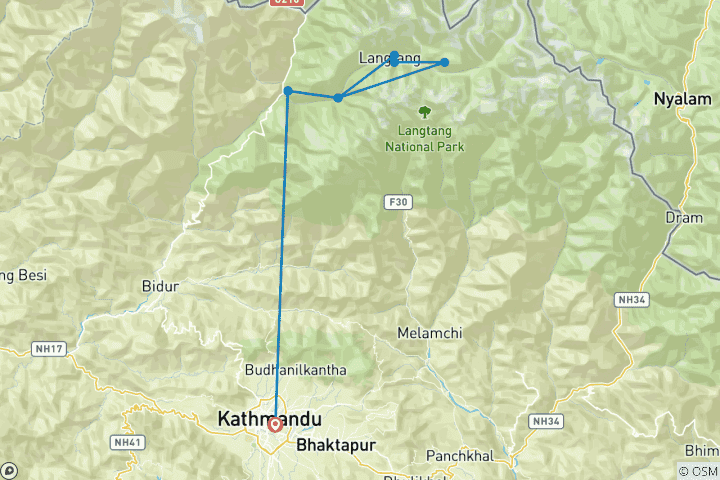 Karte von Langtang Tal Trek 9 Tage