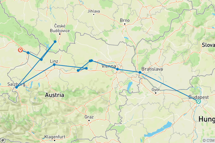 Carte du circuit Rêves de Danube pour les amateurs de vin (vers l'ouest) 2026