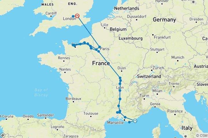 Kaart van Een culinaire ervaring in Grand France met 2 nachten in de Franse Rivièra & 3 nachten in Londen (noordwaarts) 2026
