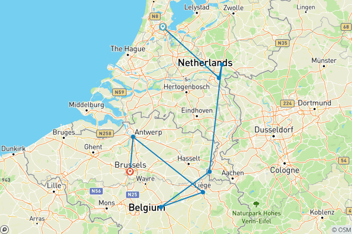 Carte du circuit Les hauts lieux de la Hollande et de la Belgique