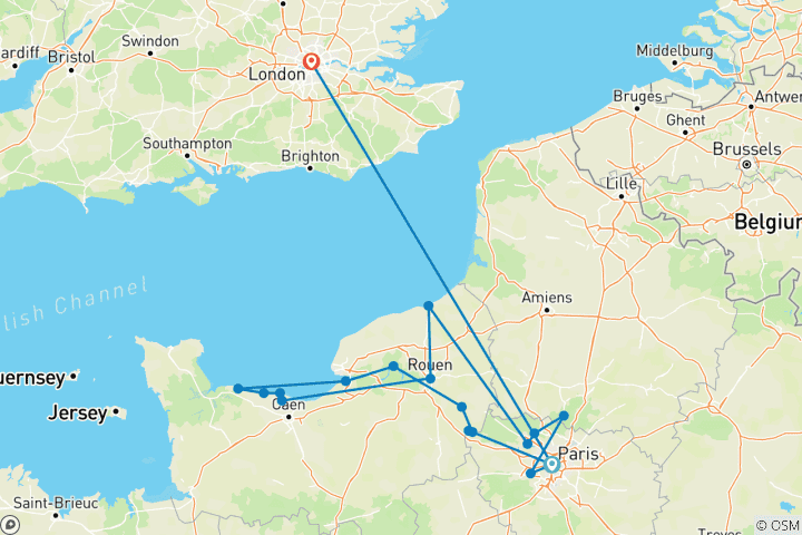 Kaart van Parijs naar Normandië WOII Herdenking & Geschiedenis Cruise met 3 Nachten in Londen 2026