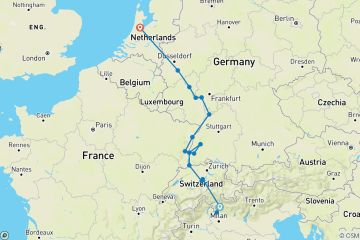 Kaart van Kerst aan de romantische Rijn met Zwitserse Alpen, 3 nachten in het Comomeer & 1 nacht in Luzern (in noordelijke richting)