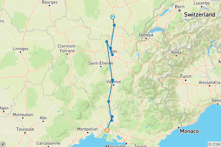 Carte du circuit Bourgogne et Provence pour les amateurs de vin (vers le sud) 2026