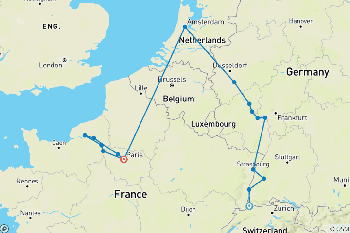 Carte du circuit Les fleuves intemporels d'Europe : le Rhin et la Seine Croisière historique et commémorative de la Seconde Guerre mondiale