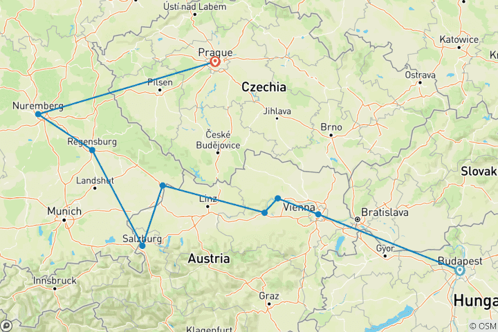 Carte du circuit Noël sur le Danube Bleu Découverte avec 2 nuits à Budapest et 2 nuits à Prague 2026