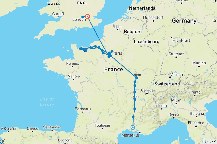 Map of A Culinary Experience in Grand France with 3 Nights in London (Northbound) 2026