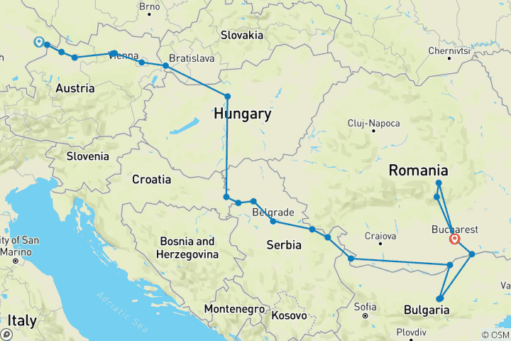 Map of The Danube from Germany to Romania with 1 Night in Bucharest and 2 Nights in Transylvania 2026