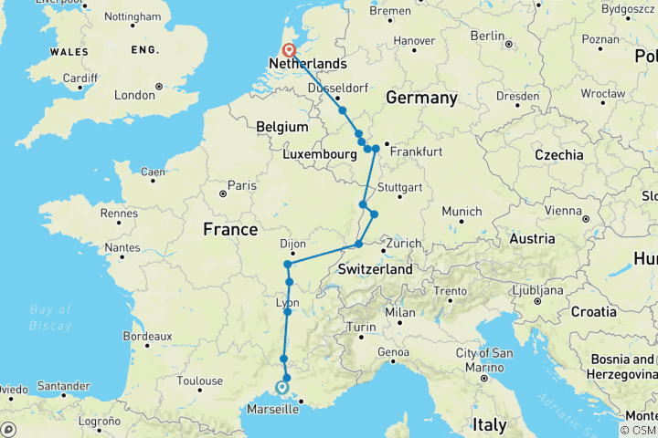 Carte du circuit Une expérience culinaire sur le Rhin et le Rhône dévoilés (en direction du nord)