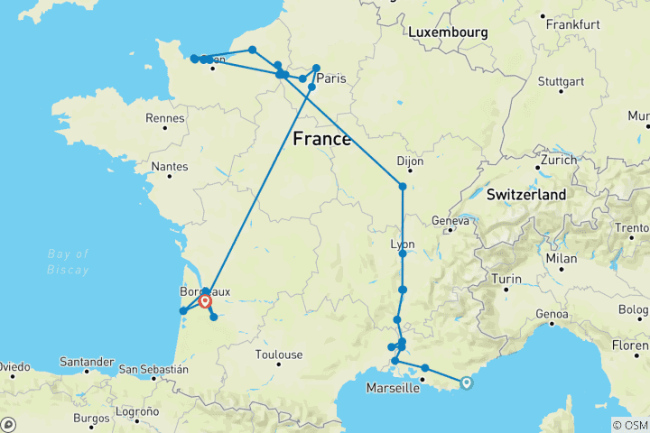 Carte du circuit La France, débouchée : Le Rhône, la Seine et Bordeaux avec 2 nuits sur la Côte d'Azur