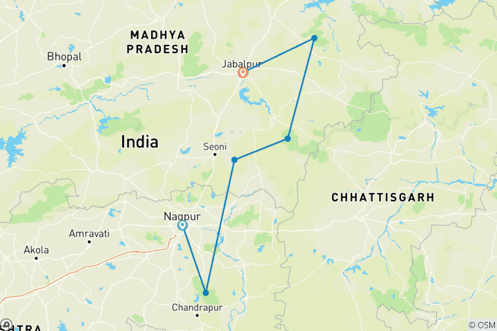 Carte du circuit Grand tour du safari des tigres : Explorer Tadoba, Pench, Kanha et Bandhavgarh