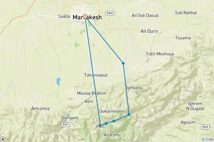Map of 3-Day Private Tour; Imlil Trekking To Orika /Atlas Mountains