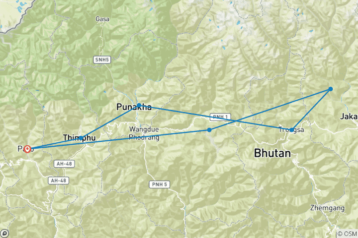 Carte du circuit Bhoutan : Voyage au pays du bonheur - Voyage privé guidé
