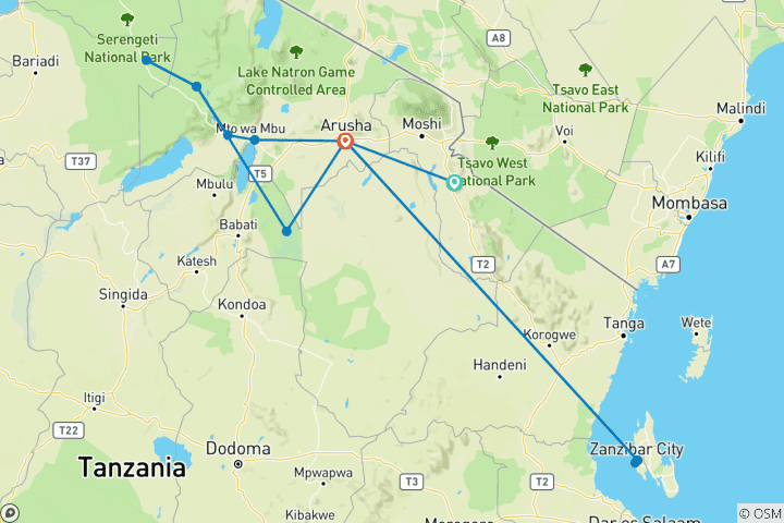Carte du circuit Aventure familiale de 12 jours en Tanzanie | Faune sauvage, culture et vacances à la plage à Zanzibar