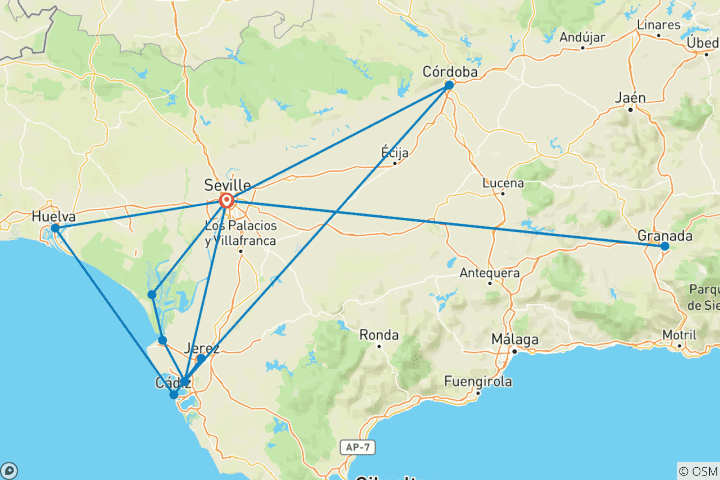 Carte du circuit Découvrez l'Andalousie à Séville, suivez les traces de Christophe Colomb à Huelva et tombez sous le charme de Cadix (croisière de port à port).