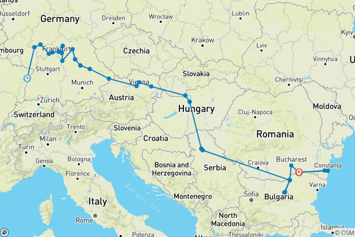Map of Trans-European cruise from France to the Iron Gates, 3 rivers, the Rhine, the Main and the Danube (port-to-port cruise)