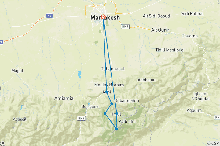 Carte du circuit Expédition sur mesure de 5 jours au Toubkal : Vallées du Haut Atlas/Sommet