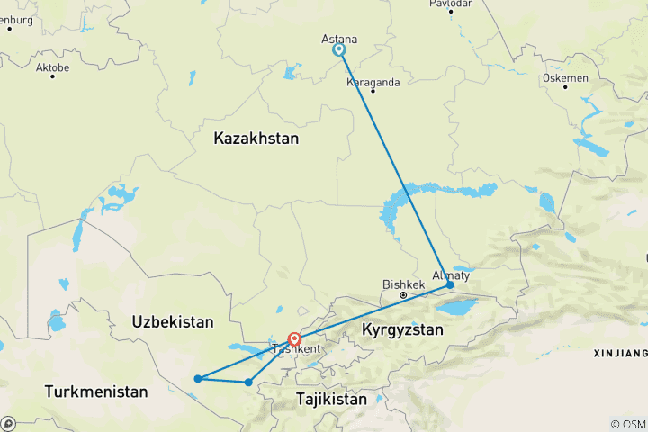 Carte du circuit Voyage en train privé Kazakhstan - Ouzbékistan - Sur les rails de l'Asie centrale