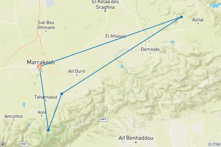 Kaart van 7-daags wandelavontuur in het Atlasgebergte en watervallen
