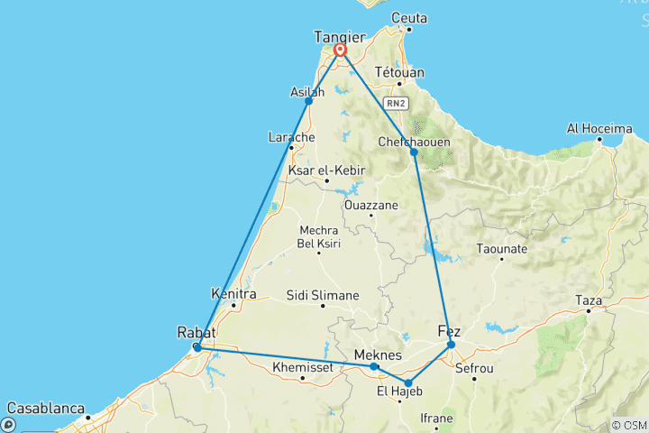 Mapa de Excursión Cultural Privada de 4 Días desde Tánger: Ciudades Imperiales, Costa Atlántica y Chefchaouen