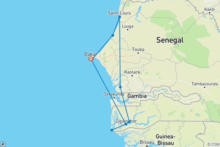 Carte du circuit Sénégal : Le Nord-Ouest et le Sud-Ouest - Voyage privé guidé