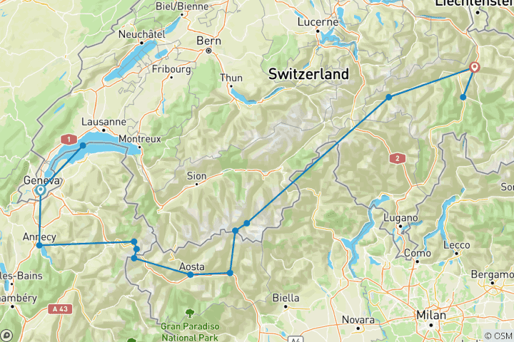 Karte von Große Alpenrundreise | Schweiz, Frankreich, Italien | als Privatreise buchen