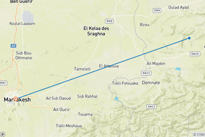 Map of 1 Day Private Excursion to Ouzoud Waterfalls Morocco