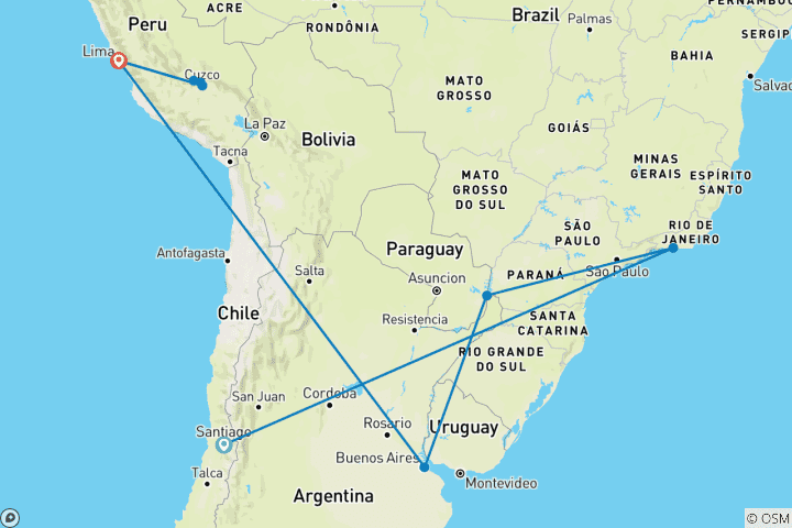 Karte von Südamerikanische Entdeckungen mit Zwischenstopp in Santiago