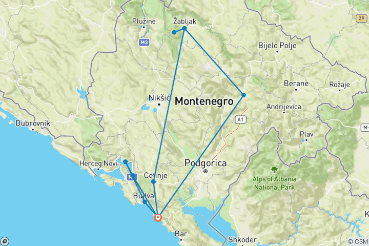 Map of Montenegro Coast and National Parks - Self - Drive Tour