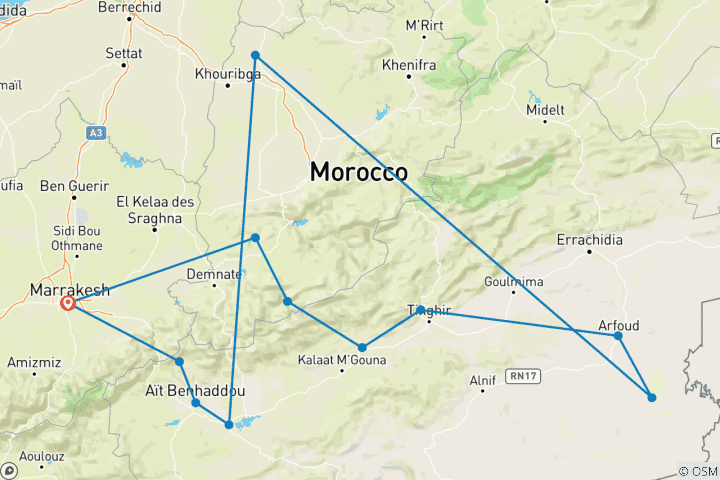 Carte du circuit Expédition de 6 jours dans le désert du Sahara et les montagnes de l'Atlas au départ de Marrakech